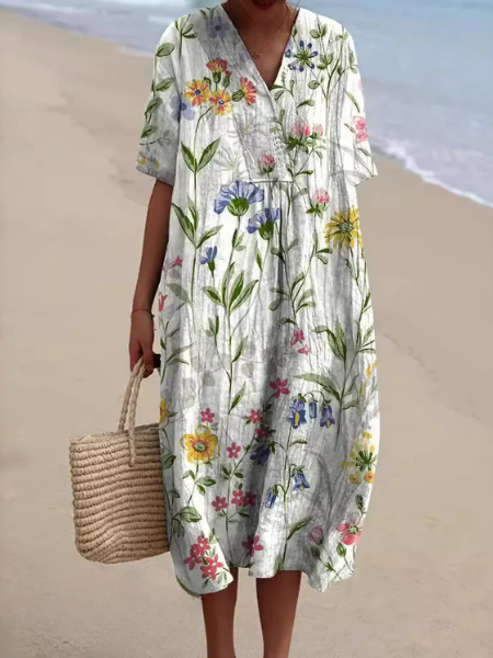 Dames Midi Jurk met V-hals en Korte Mouwen met Bloemenprint