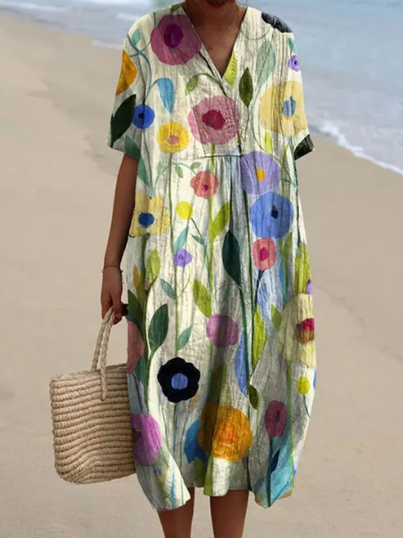 Dames Midi Jurk met V-hals en Korte Mouwen met Bloemenprint