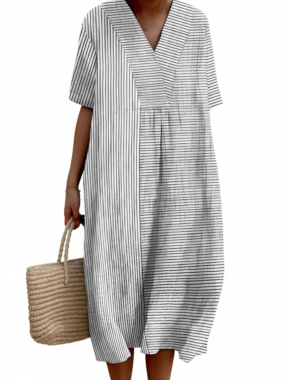 Dames Midi Jurk met V-hals en Oversized Pasvorm Korte Mouw