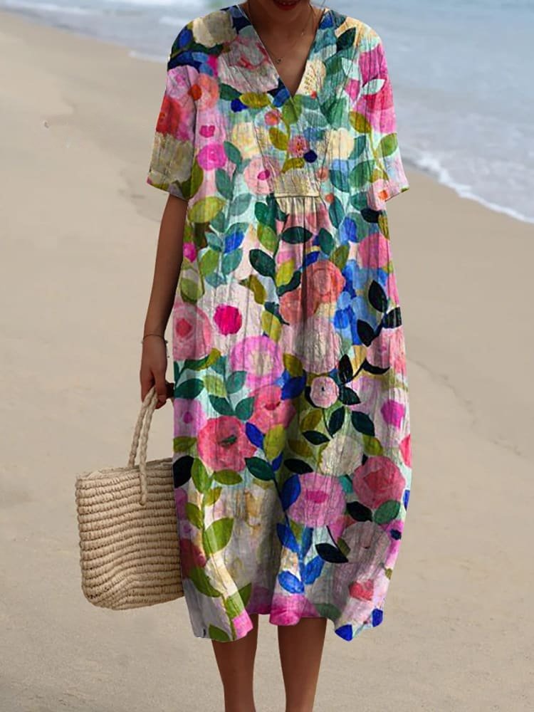 Dames Midi Jurk met V-hals en Oversized Pasvorm Korte Mouw Kleurrijk