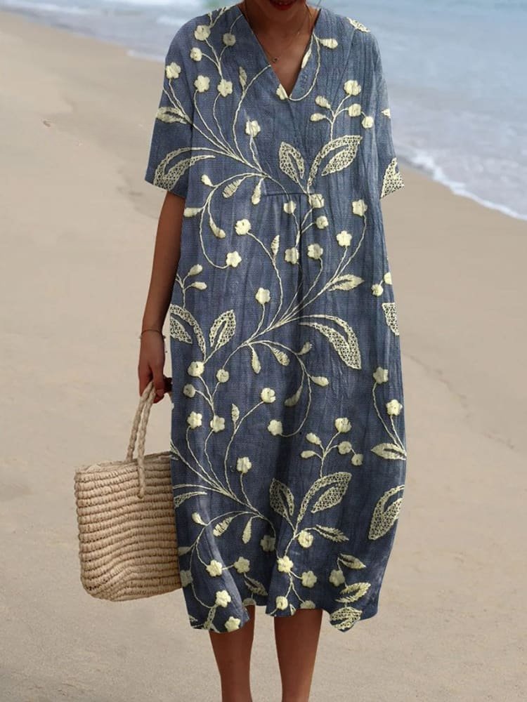 Dames Midi Jurk met V-hals en Oversized Pasvorm Korte Mouw Blauw Grijs