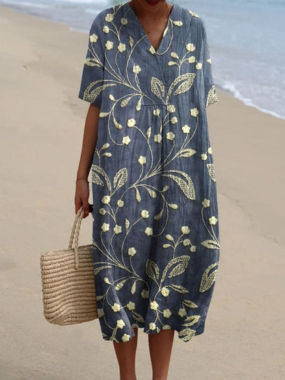 Dames Midi Jurk met V-hals en Oversized Pasvorm Korte Mouw Blauw Grijs