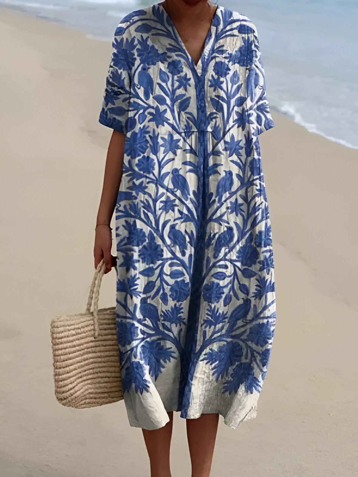Dames Midi Jurk met V-hals en Oversized Pasvorm Korte Mouw Blauw