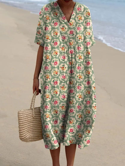 Dames Midi Jurk met V-hals en Oversized Pasvorm Korte Mouw Bloemen Groen