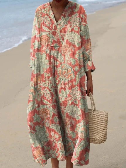Dames Midi Jurk met V-hals en Oversized Pasvorm Korte Mouw Bloemen Oranje