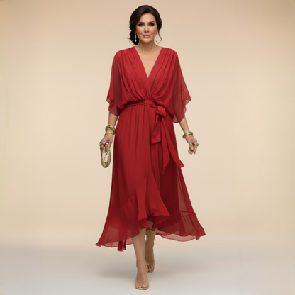 Dames Midi Jurk met V-hals en Vloeiende Rok met Strikceintuur Rood