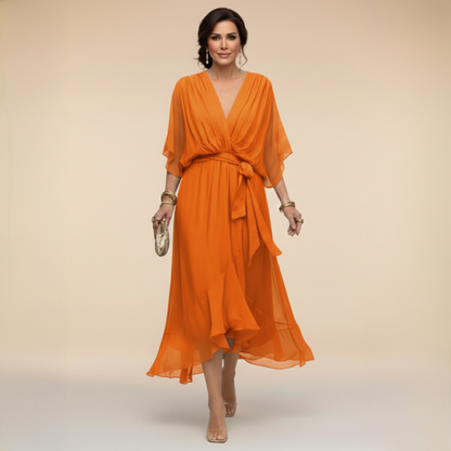 Dames Midi Jurk met V-hals en Vloeiende Rok met Strikceintuur Oranje