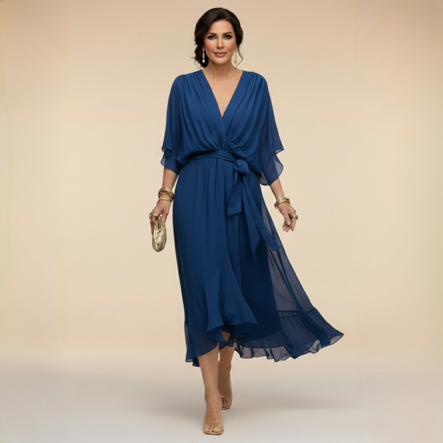 Dames Midi Jurk met V-hals en Vloeiende Rok met Strikceintuur Blauw