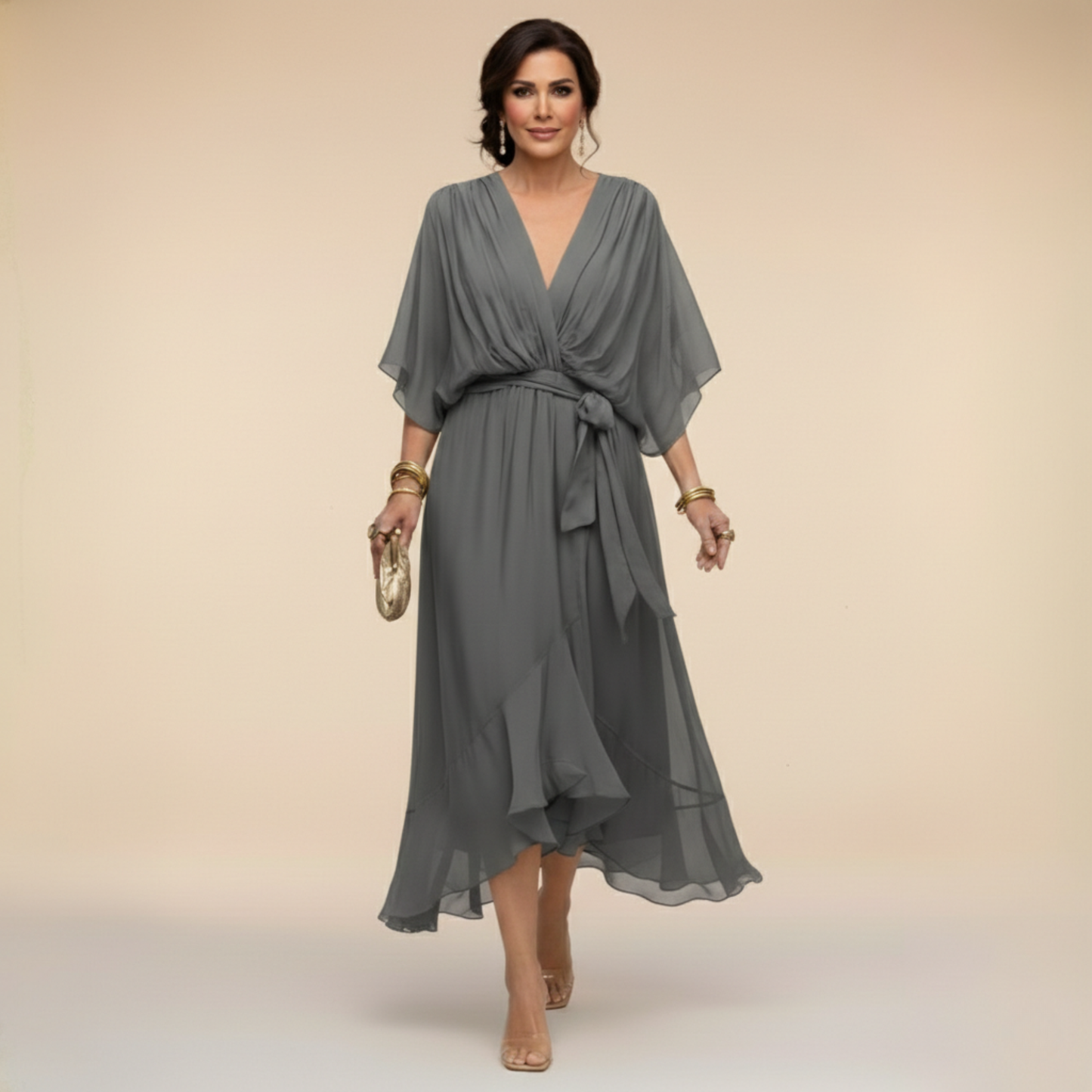 Dames Midi Jurk met V-hals en Vloeiende Rok met Strikceintuur Grijs