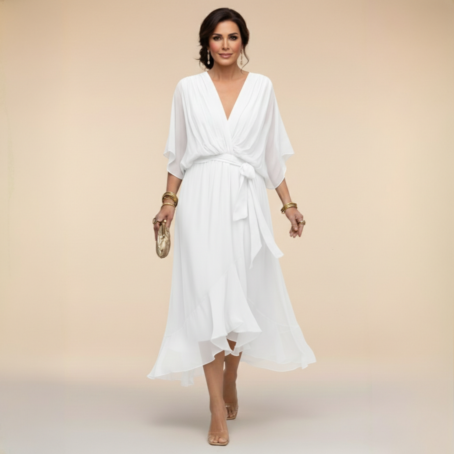 Dames Midi Jurk met V-hals en Vloeiende Rok met Strikceintuur Wit