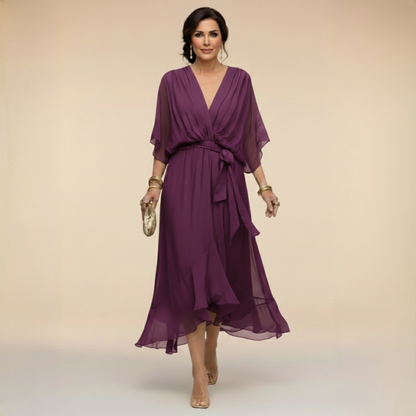 Dames Midi Jurk met V-hals en Vloeiende Rok met Strikceintuur Paars