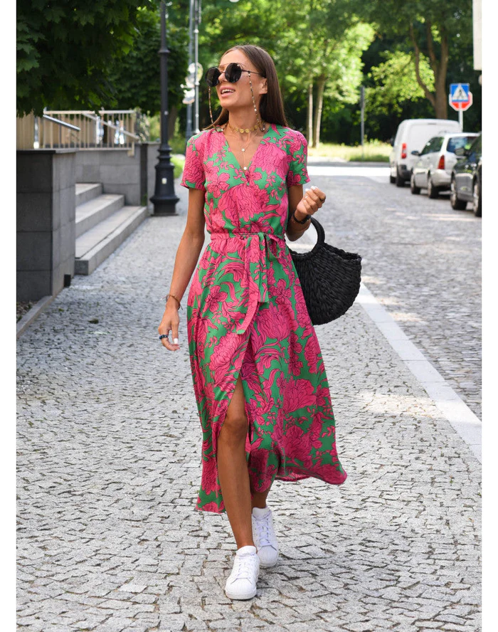 Dames Midi Jurk met V-hals en Wikkelstijl Korte Mouw met Print en Volant