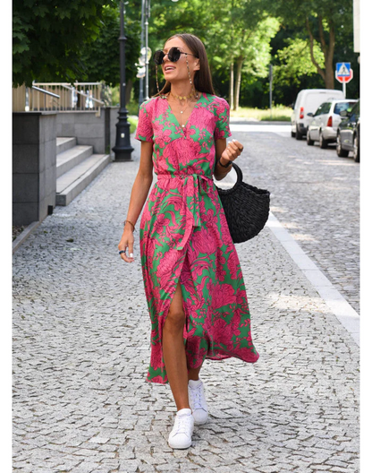 Dames Midi Jurk met V-hals en Wikkelstijl Korte Mouw met Print en Volant