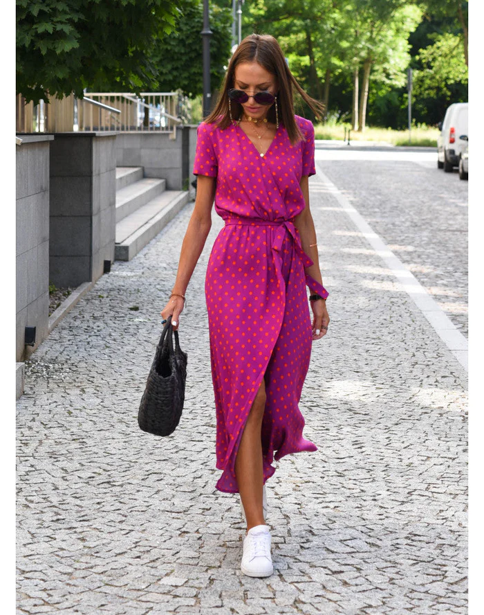 Dames Midi Jurk met V-hals en Wikkelstijl Korte Mouw met Print en Volant