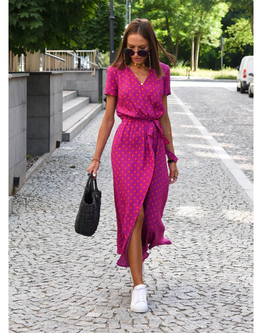 Dames Midi Jurk met V-hals en Wikkelstijl Korte Mouw met Print en Volant Rood Roze