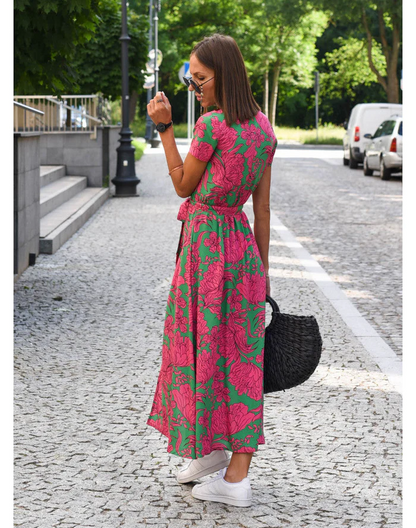 Dames Midi Jurk met V-hals en Wikkelstijl Korte Mouw met Print en Volant