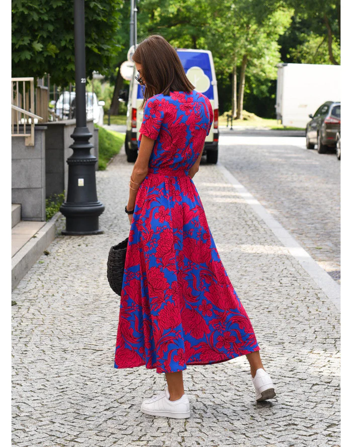Dames Midi Jurk met V-hals en Wikkelstijl Korte Mouw met Print en Volant