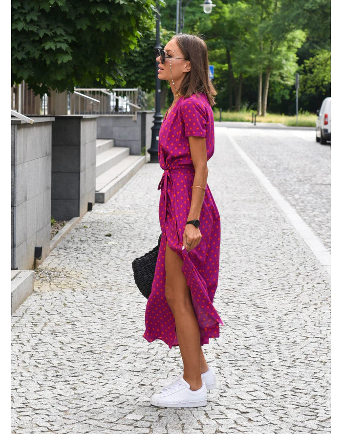 Dames Midi Jurk met V-hals en Wikkelstijl Korte Mouw met Print en Volant