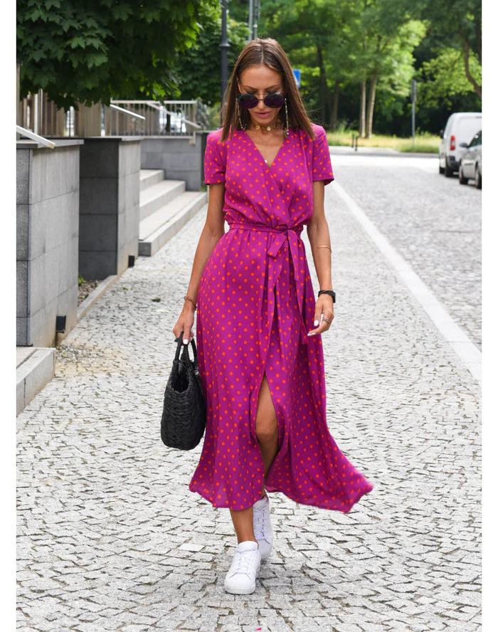 Dames Midi Jurk met V-hals en Wikkelstijl Korte Mouw met Print en Volant