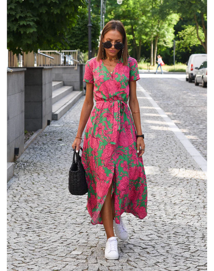 Dames Midi Jurk met V-hals en Wikkelstijl Korte Mouw met Print en Volant
