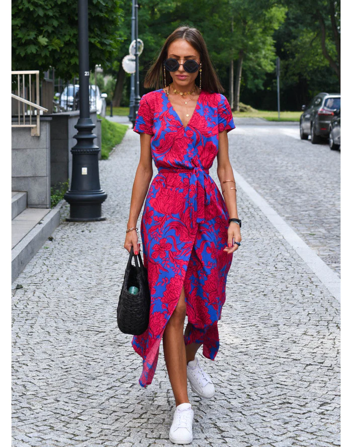 Dames Midi Jurk met V-hals en Wikkelstijl Korte Mouw met Print en Volant