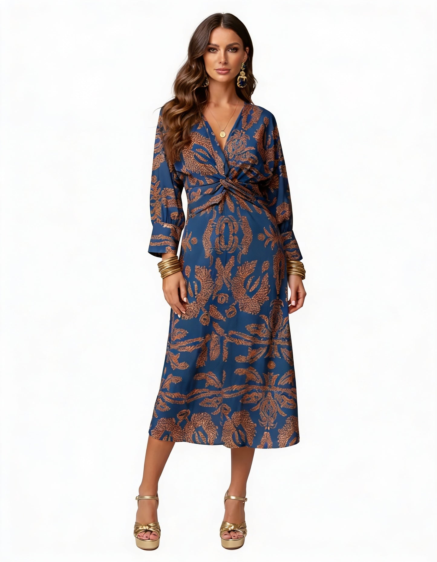 Dames Midi Jurk met V-hals, Lange Mouwen en Knoopdetail