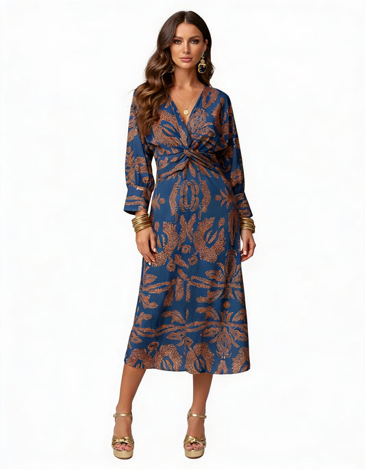 Dames Midi Jurk met V-hals, Lange Mouwen en Knoopdetail