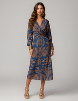 Dames Midi Jurk met V-hals, Lange Mouwen en Knoopdetail
