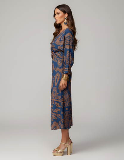 Dames Midi Jurk met V-hals, Lange Mouwen en Knoopdetail