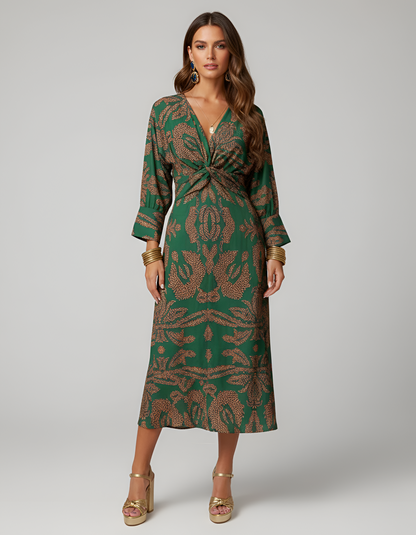 Dames Midi Jurk met V-hals, Lange Mouwen en Knoopdetail Groen
