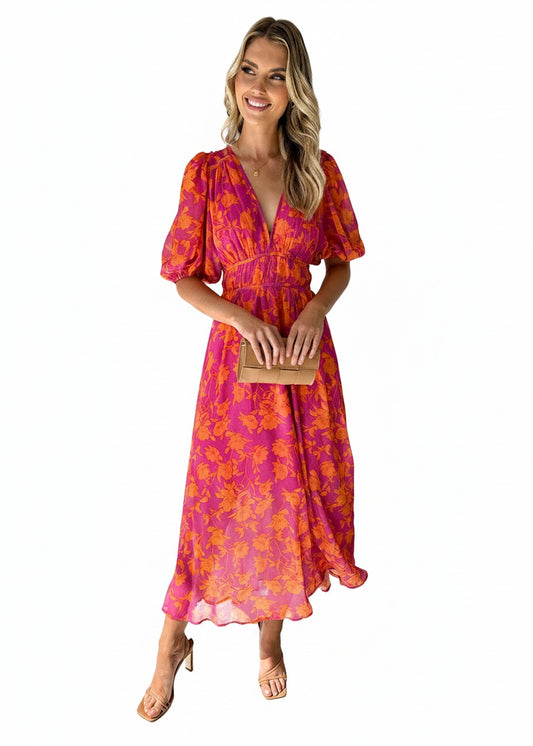 Dames Midi Jurk met V-hals, Pofmouwen en Bloemenprint