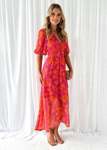 Dames Midi Jurk met V-hals, Pofmouwen en Bloemenprint