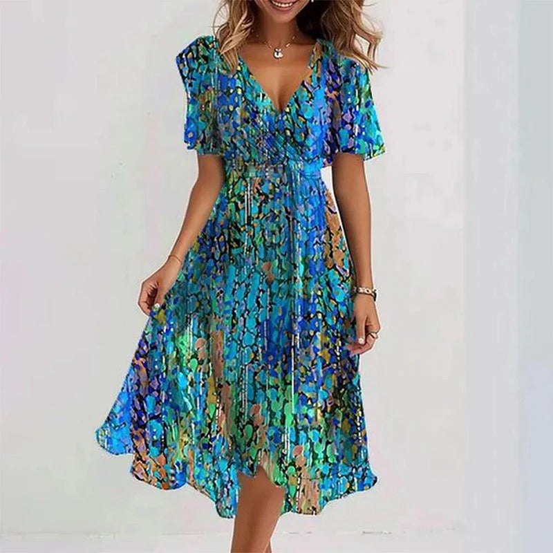 Dames Midi Jurk met V-hals, Vlindermouwen en Bloemenprint Groen Blauw degradé