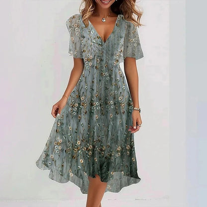 Dames Midi Jurk met V-hals, Vlindermouwen en Bloemenprint Blauw degradé