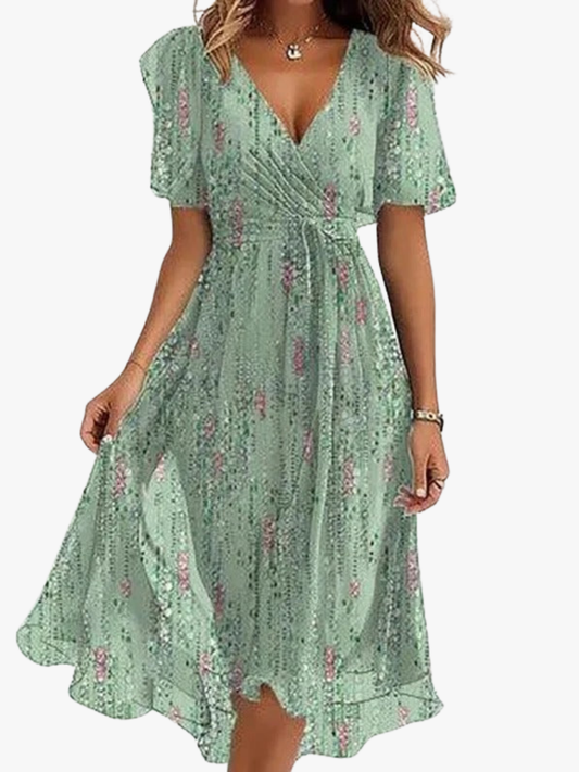 Dames Midi Jurk met V-hals, Vlindermouwen en Bloemenprint