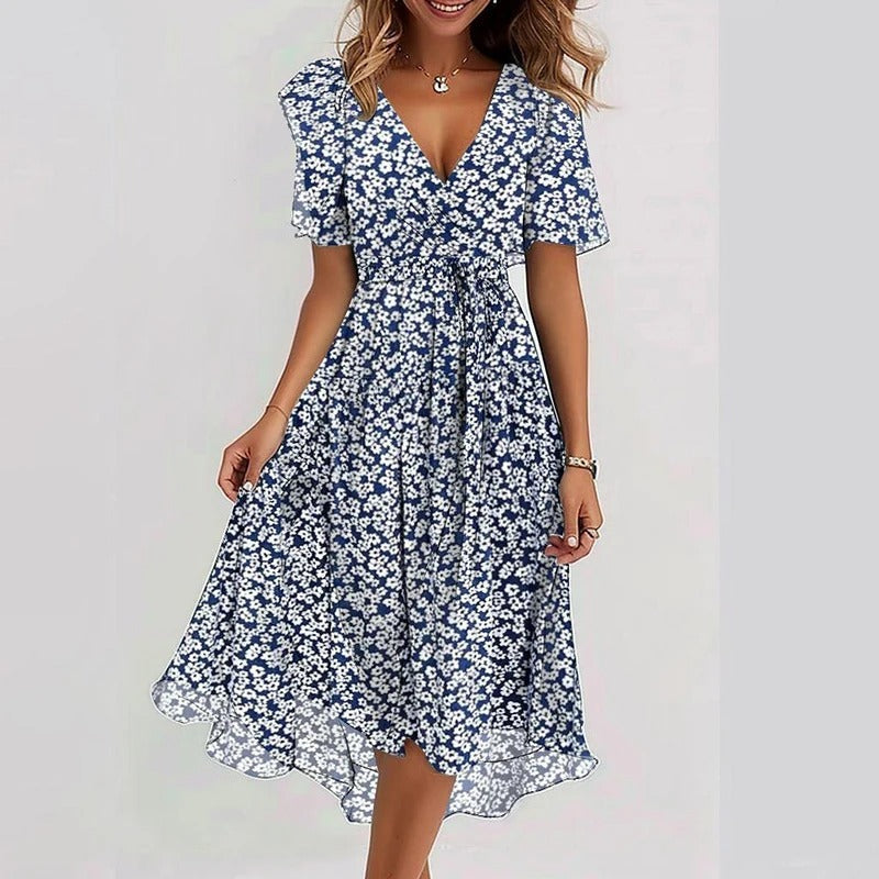 Dames Midi Jurk met V-hals, Vlindermouwen en Bloemenprint Blauw Wit bloemen