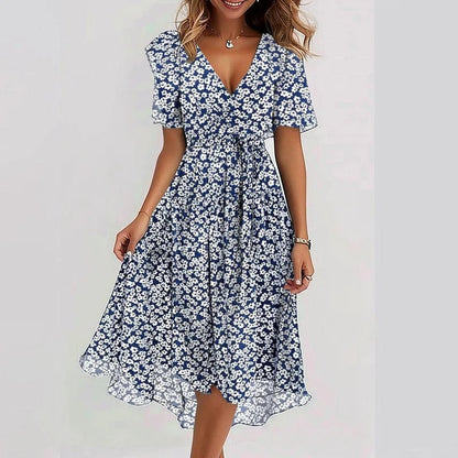 Dames Midi Jurk met V-hals, Vlindermouwen en Bloemenprint Blauw Wit bloemen