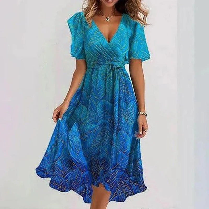 Dames Midi Jurk met V-hals, Vlindermouwen en Bloemenprint Blauw