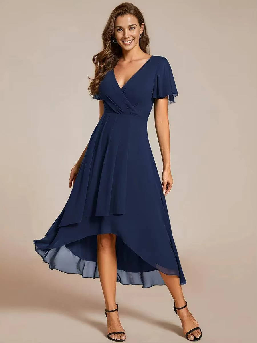 Dames Midi Jurk met V-hals, Wikkeloptiek en Asymmetrische Gelaagde Rok Donkerblauw