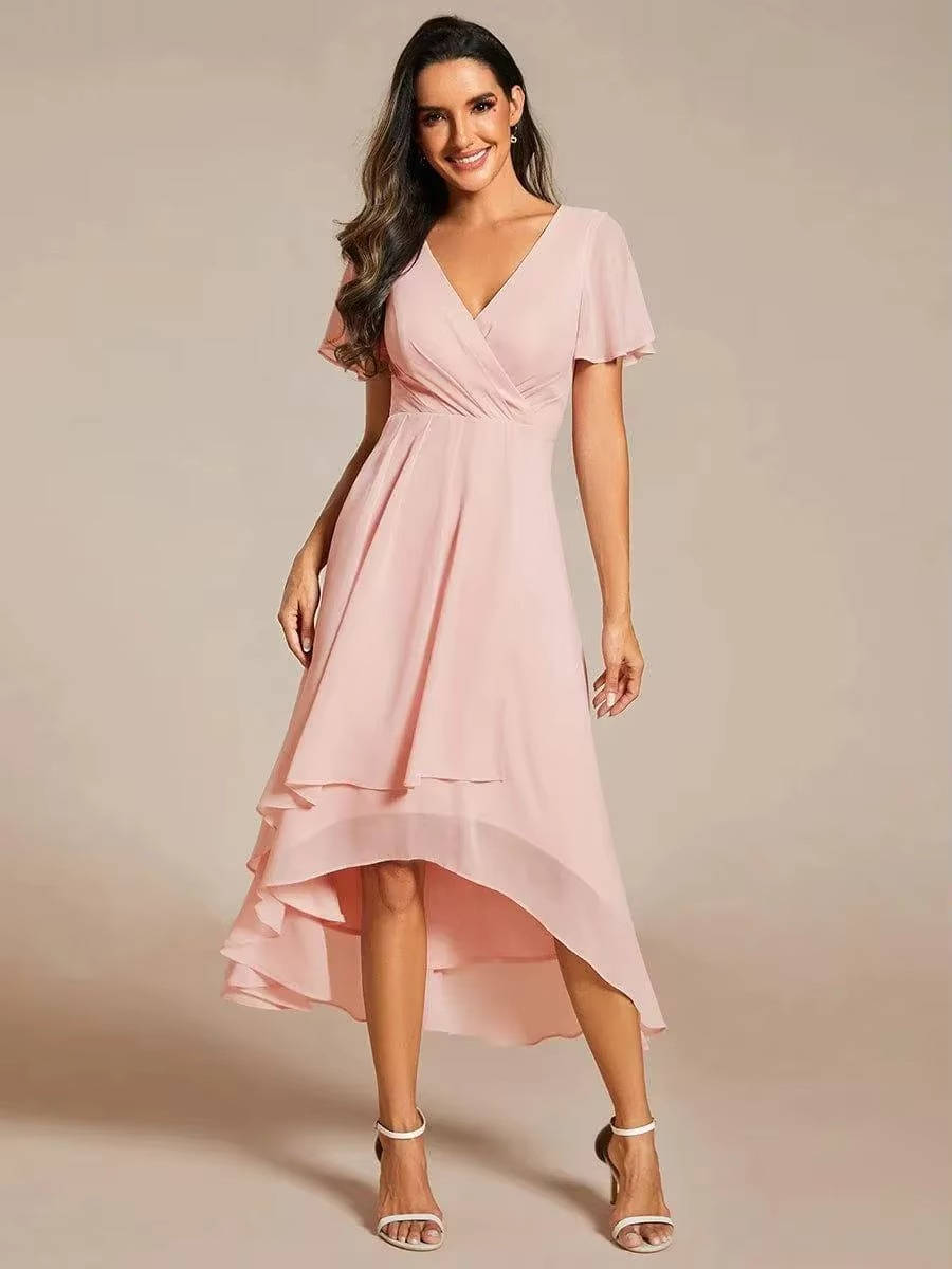 Dames Midi Jurk met V-hals, Wikkeloptiek en Asymmetrische Gelaagde Rok Roze