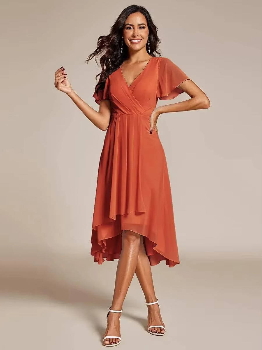Dames Midi Jurk met V-hals, Wikkeloptiek en Asymmetrische Gelaagde Rok Oranje