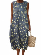 Dames Midi Jurk Mouwloos met Bloemenprint en Ronde Hals
