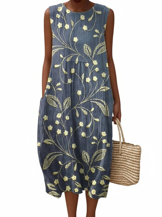 Dames Midi Jurk Mouwloos met Bloemenprint en Ronde Hals Blauw