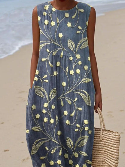 Dames Midi Jurk Mouwloos met Bloemenprint en Ronde Hals
