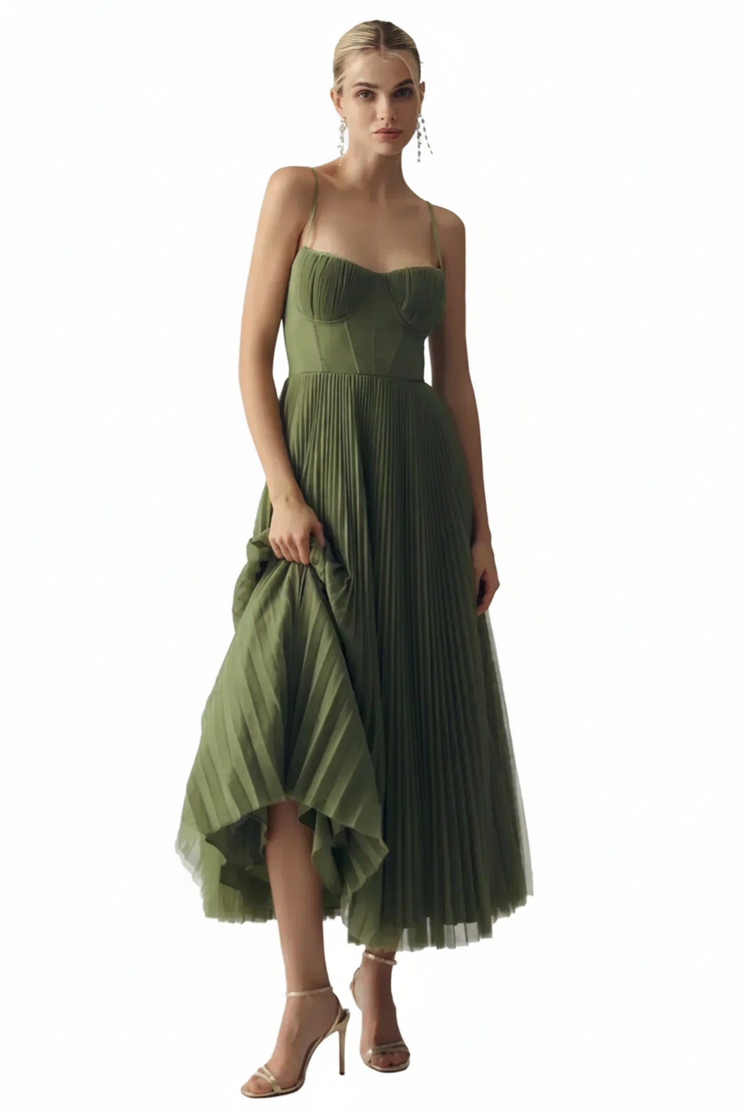 Dames Midi Jurk Mouwloos met Corset en Geplooide Rok