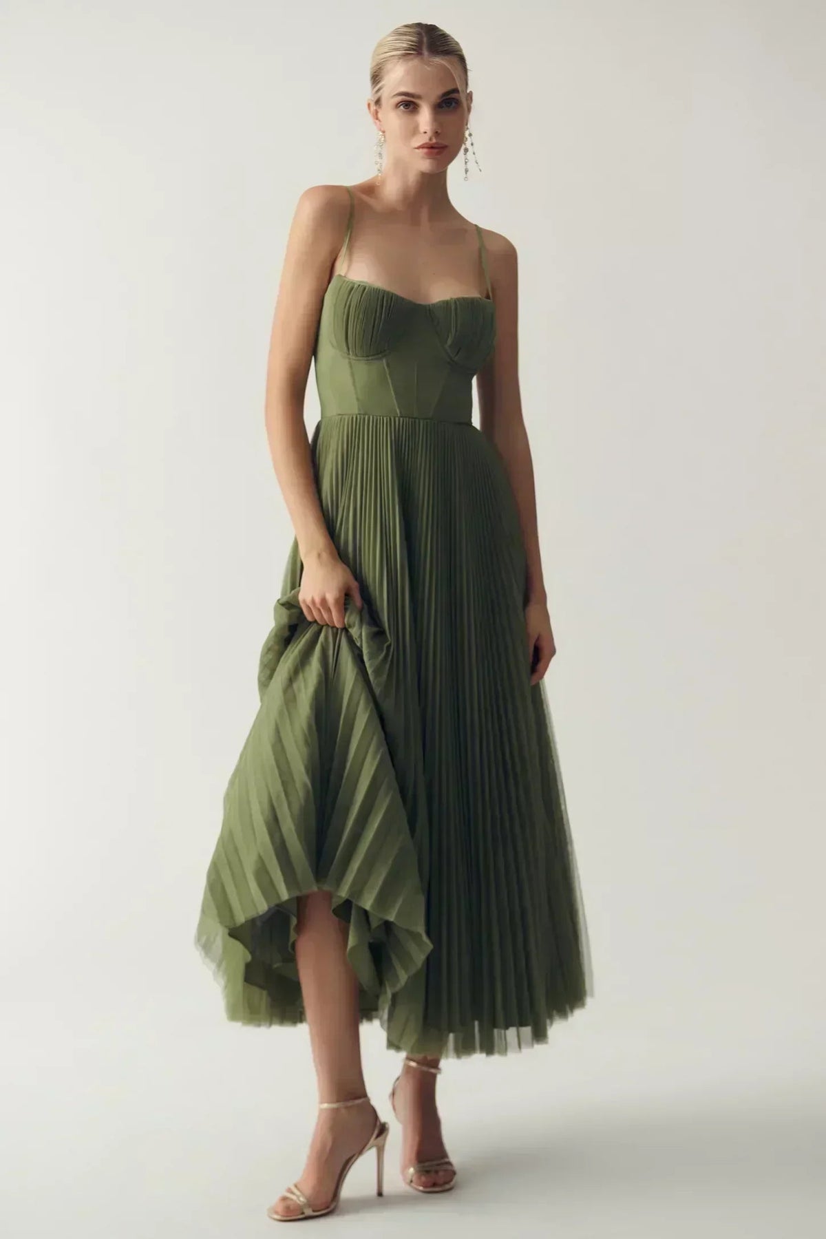 Dames Midi Jurk Mouwloos met Corset en Geplooide Rok Groen