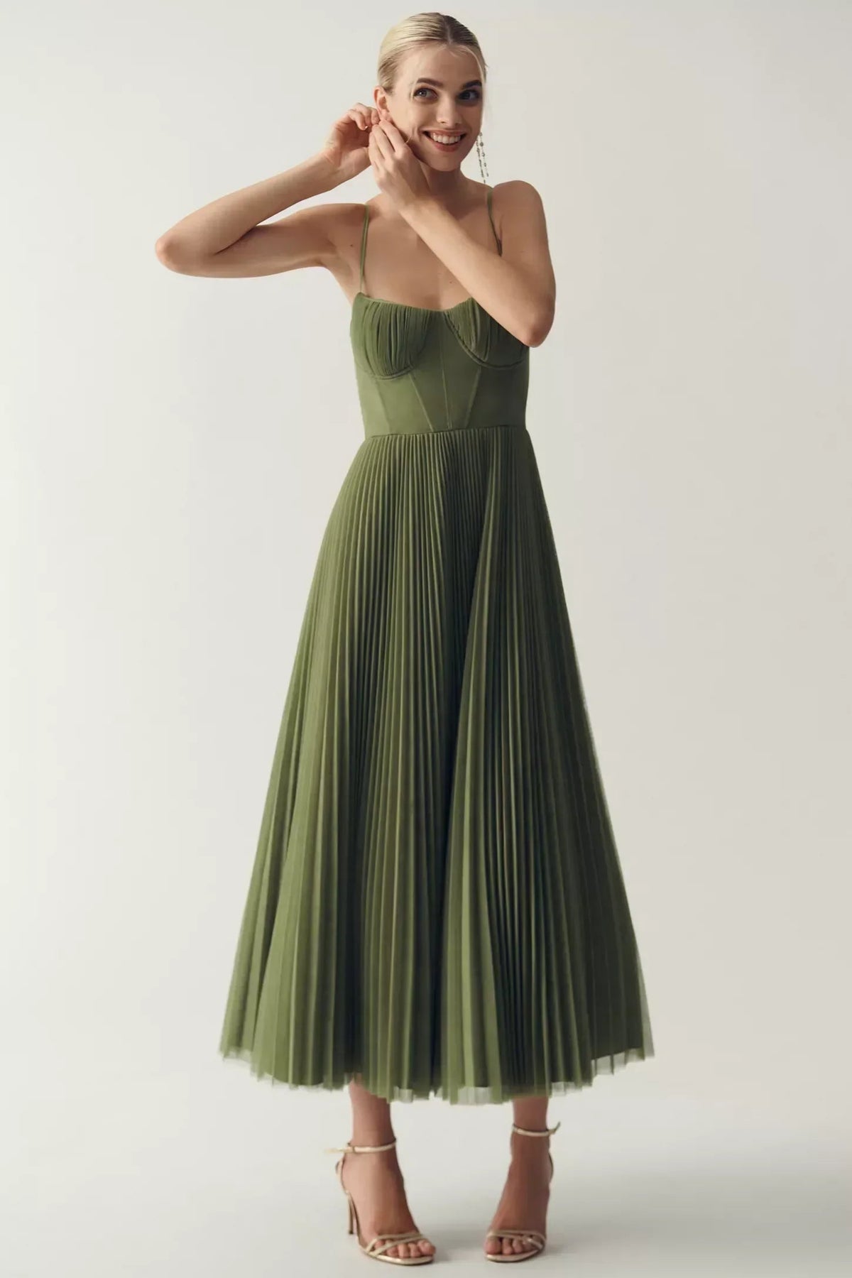 Dames Midi Jurk Mouwloos met Corset en Geplooide Rok