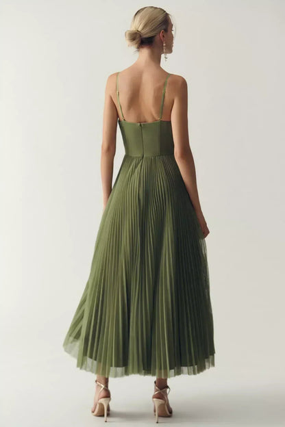 Dames Midi Jurk Mouwloos met Corset en Geplooide Rok