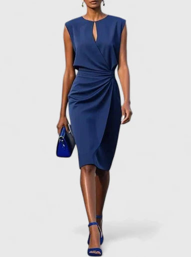 Dames Midi Jurk Mouwloos met Keyhole-hals en Plooirok Marineblauw