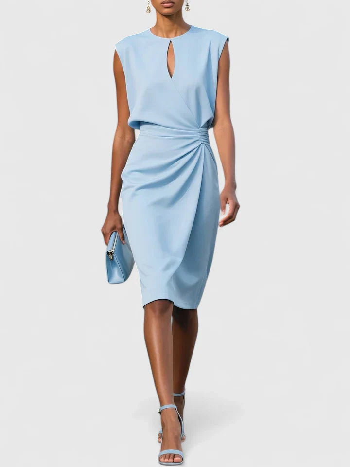Dames Midi Jurk Mouwloos met Keyhole-hals en Plooirok Lichtblauw